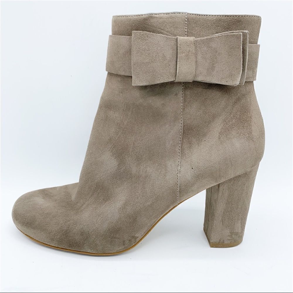 KATE SPADE New York Taupe Suede‎ Ankle Boot w/Chunky Heel and Suede Bow at Ankle